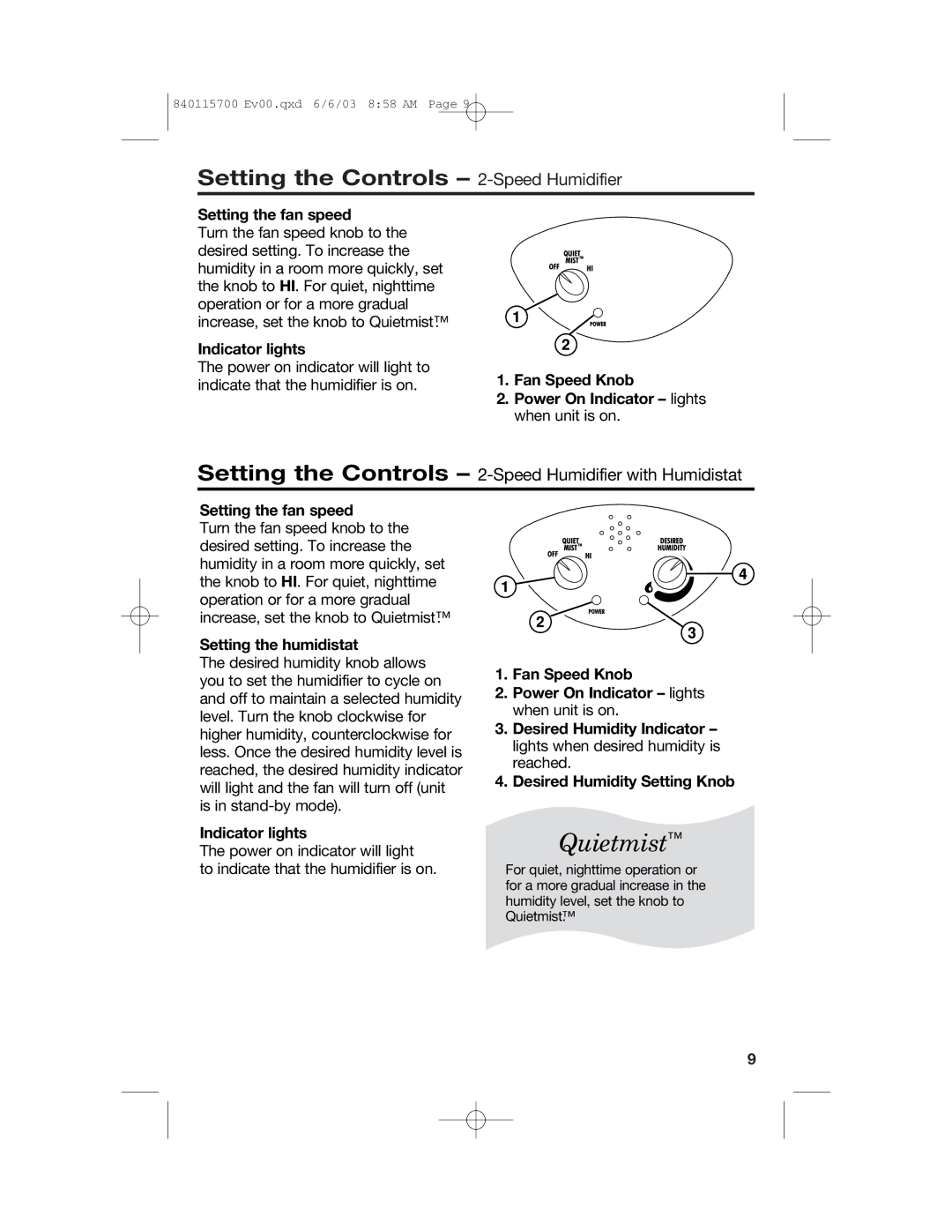 Hamilton Beach 05520C, 05518C, 05910, 05519C, 05521C, 05920 manual Quietmist, Setting the Controls 2-Speed Humidifier 
