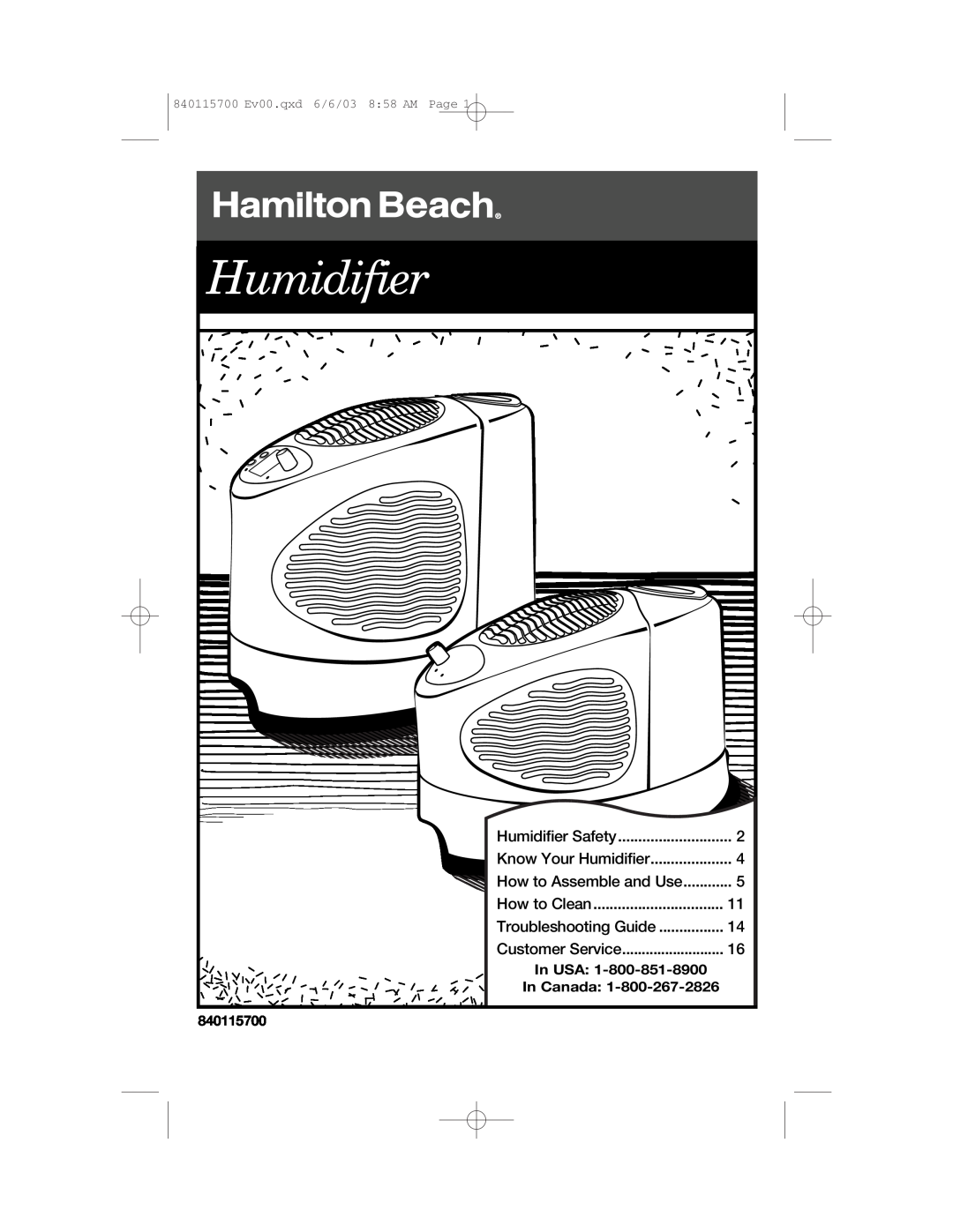 Hamilton Beach 05518C manual Humidifier, Troubleshooting Guide, In USA, In Canada, 840115700 Ev00.qxd 6/6/03 8 58 AM Page 