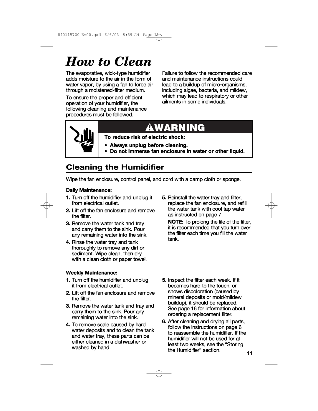 Hamilton Beach 05910 How to Clean, wWARNING, Cleaning the Humidifier, To reduce risk of electric shock, Daily Maintenance 