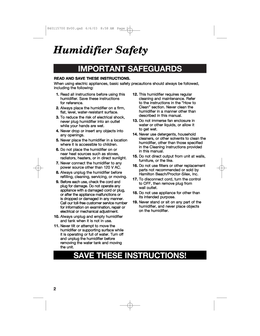 Hamilton Beach 05910, 05520C, 05518C, 05519C Humidifier Safety, Important Safeguards, Read And Save These Instructions 