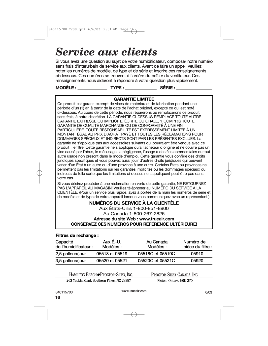 Hamilton Beach 05520C Service aux clients, Numéros Du Service À La Clientèle, Garantie Limitée, Filtres de rechange 