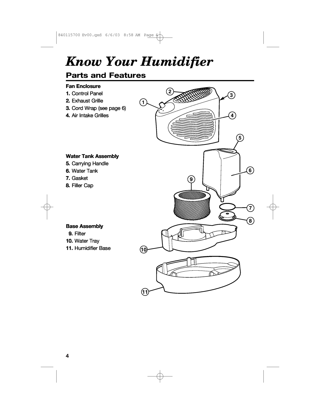 Hamilton Beach 05521C, 05520C Know Your Humidifier, Parts and Features, Fan Enclosure, Water Tank Assembly, Base Assembly 