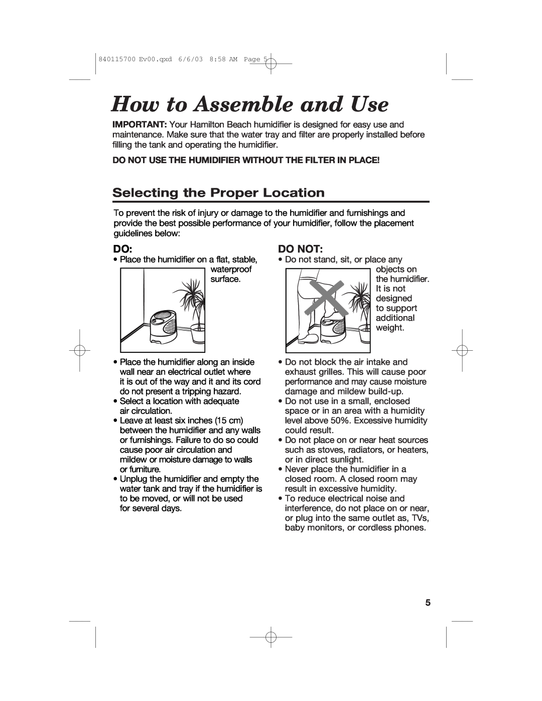 Hamilton Beach 05520C, 05518C, 05910, 05519C, 05521C, 05920 How to Assemble and Use, Selecting the Proper Location, Do Not 