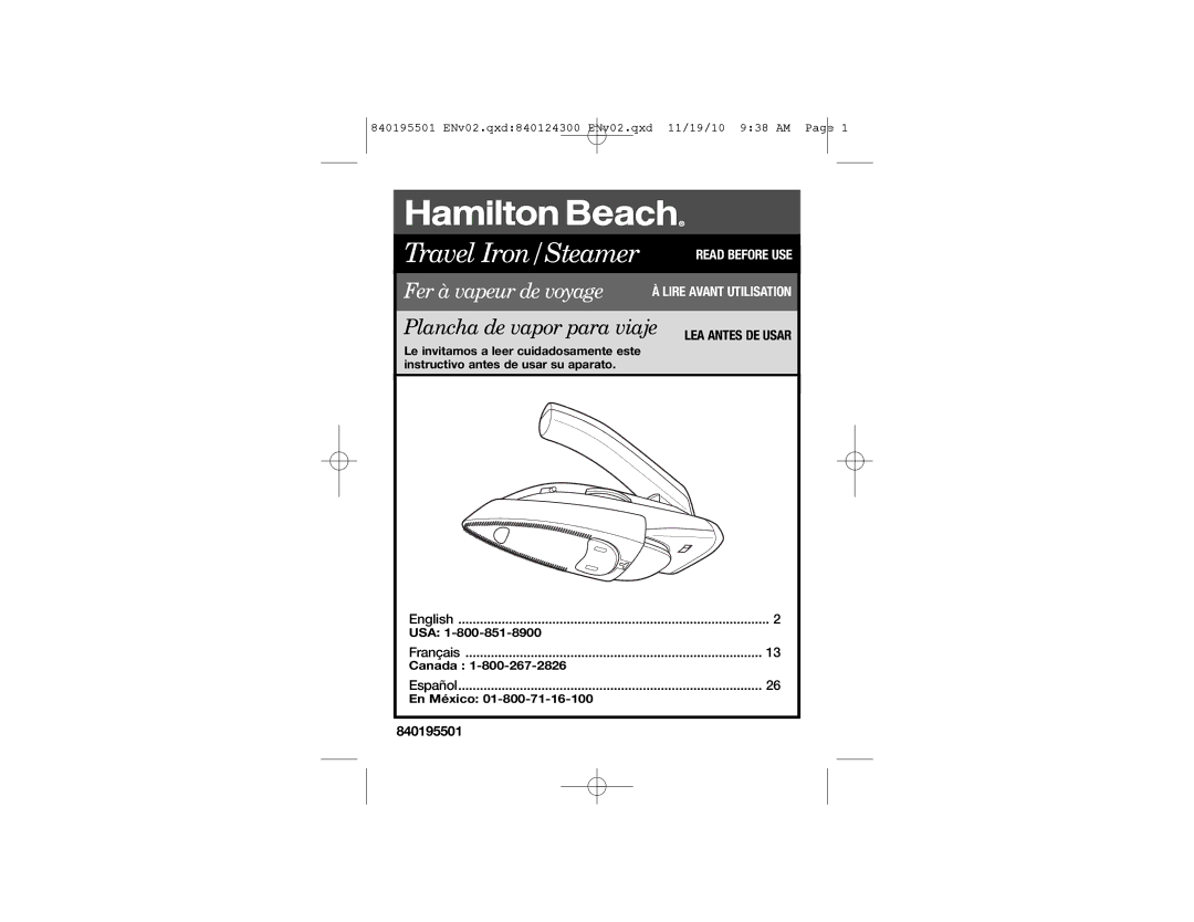 Hamilton Beach 10092 manual Travel Iron/Steamer 