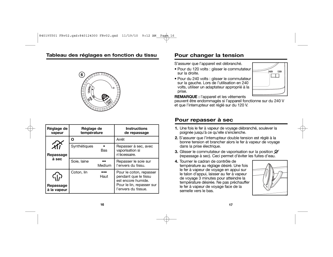 Hamilton Beach 10092 manual Pour changer la tension, Pour repasser à sec, Tableau des réglages en fonction du tissu 