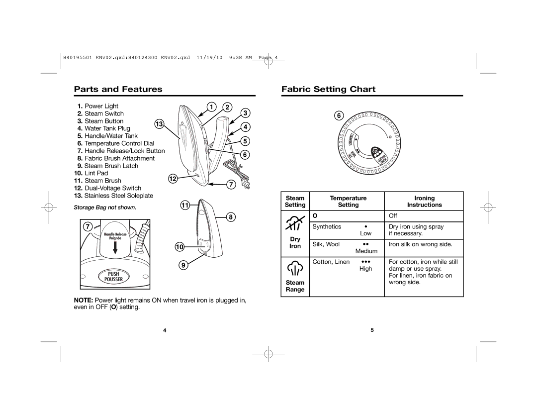 Hamilton Beach 10092 manual Parts and Features, Fabric Setting Chart 