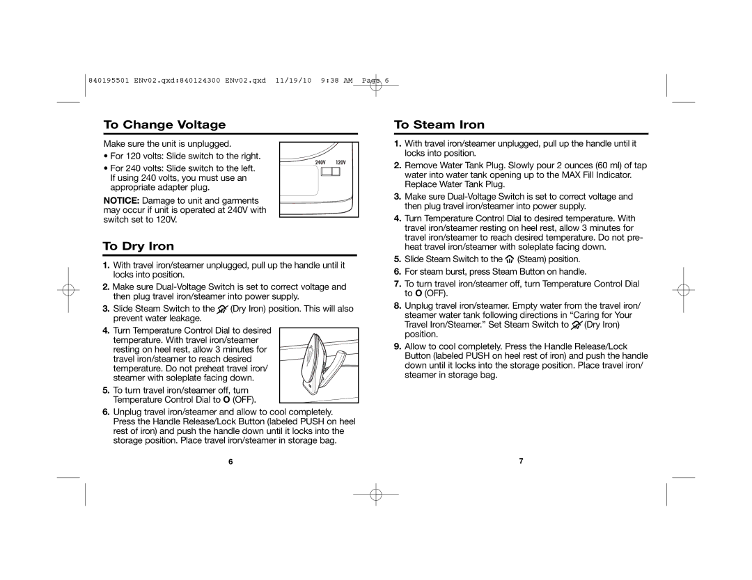 Hamilton Beach 10092 manual To Change Voltage, To Dry Iron, To Steam Iron 