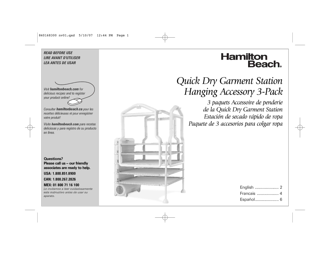 Hamilton Beach 11540 manual Quick Dry Garment Station Hanging Accessory 3-Pack 