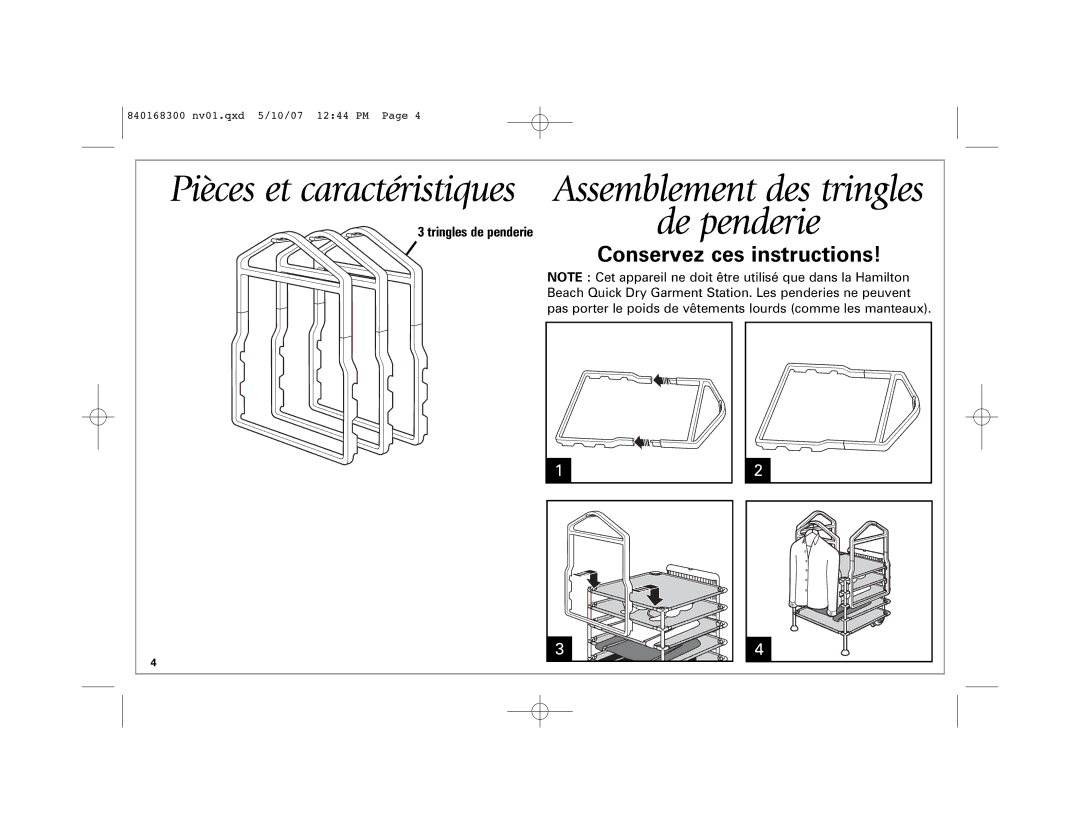 Hamilton Beach 11540 manual Assemblement des tringles De penderie 