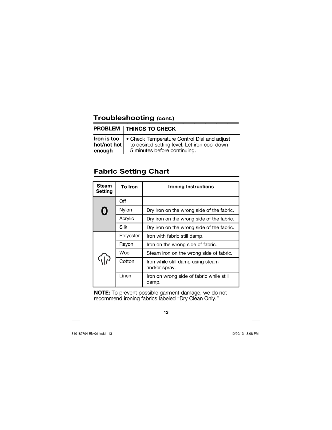 Hamilton Beach 14010 manual Fabric Setting Chart, Steam To Iron Ironing Instructions Setting 