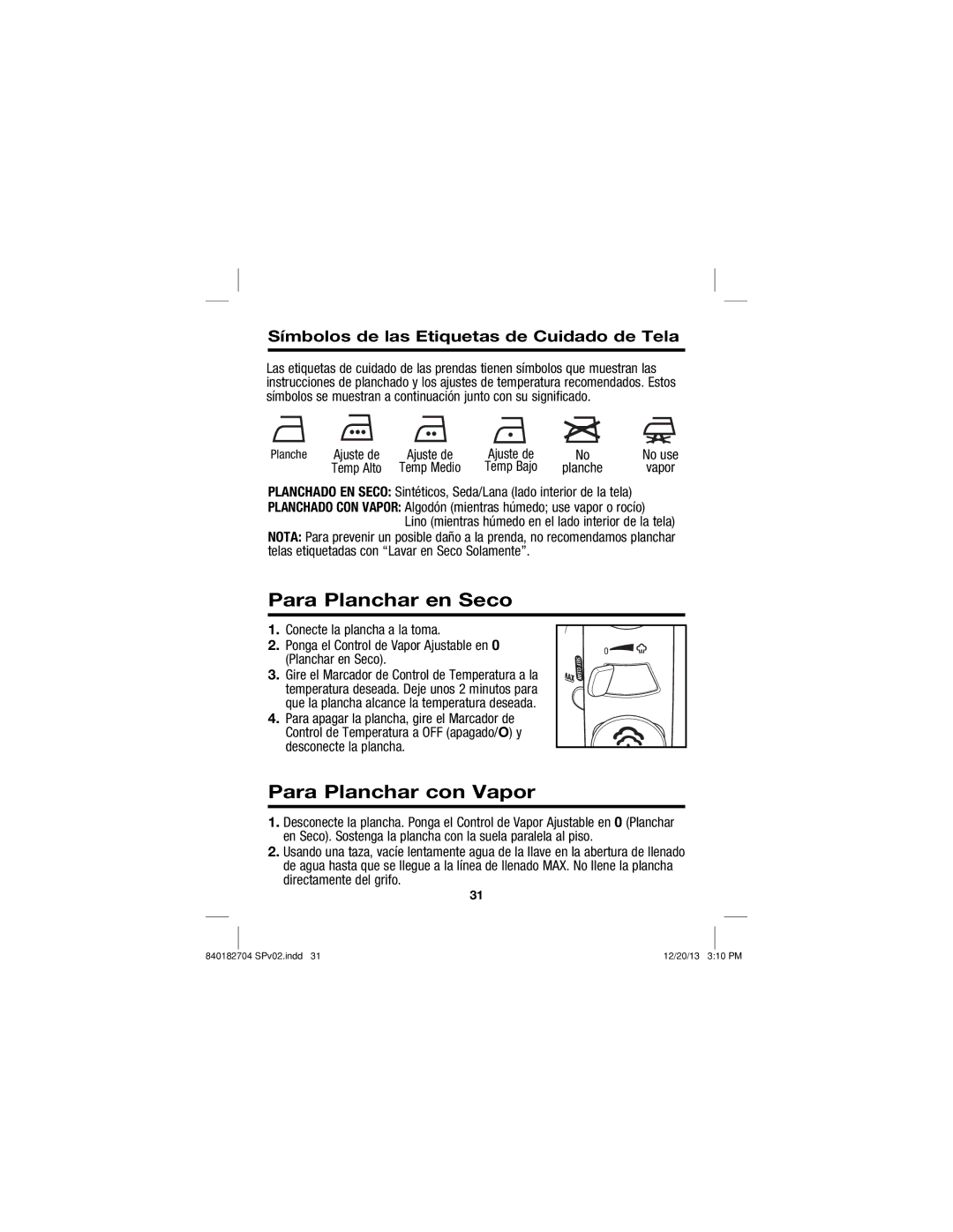 Hamilton Beach 14010 manual Para Planchar en Seco, Para Planchar con Vapor, Símbolos de las Etiquetas de Cuidado de Tela 
