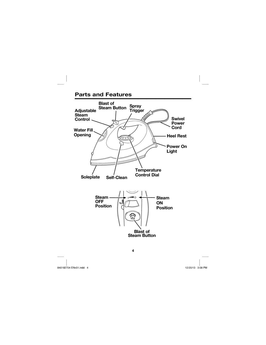 Hamilton Beach 14010 manual Parts and Features, Light, Temperature, Soleplate Self-Clean Control Dial Steam 