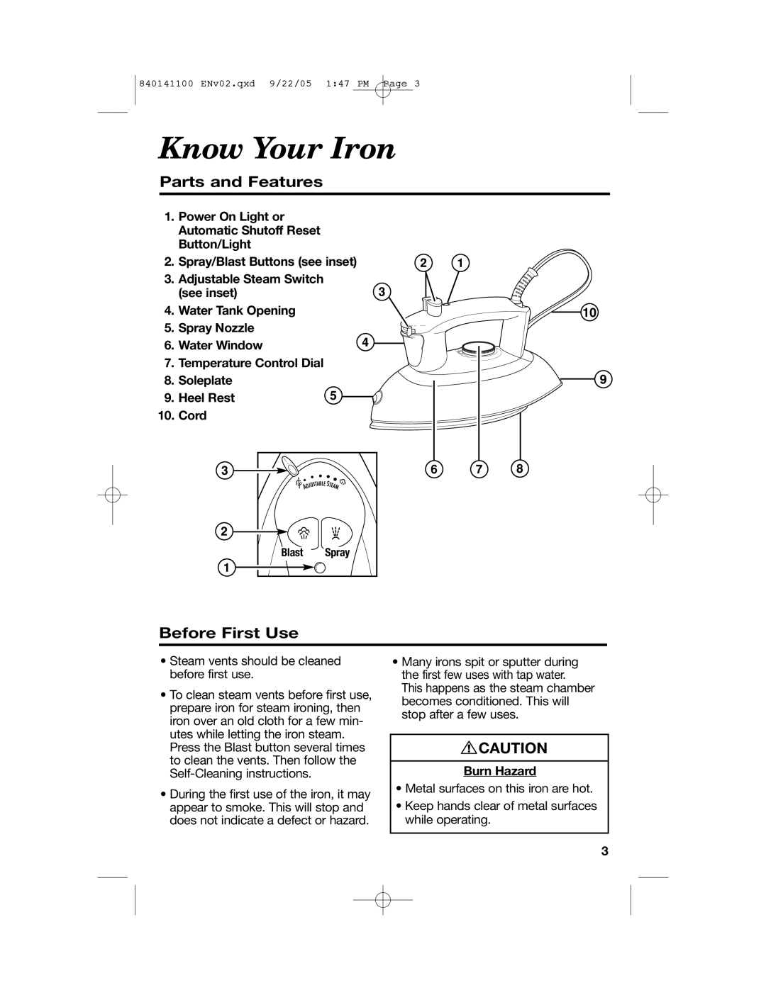 Hamilton Beach 14200 manual Know Your Iron, Parts and Features, Before First Use, Burn Hazard 