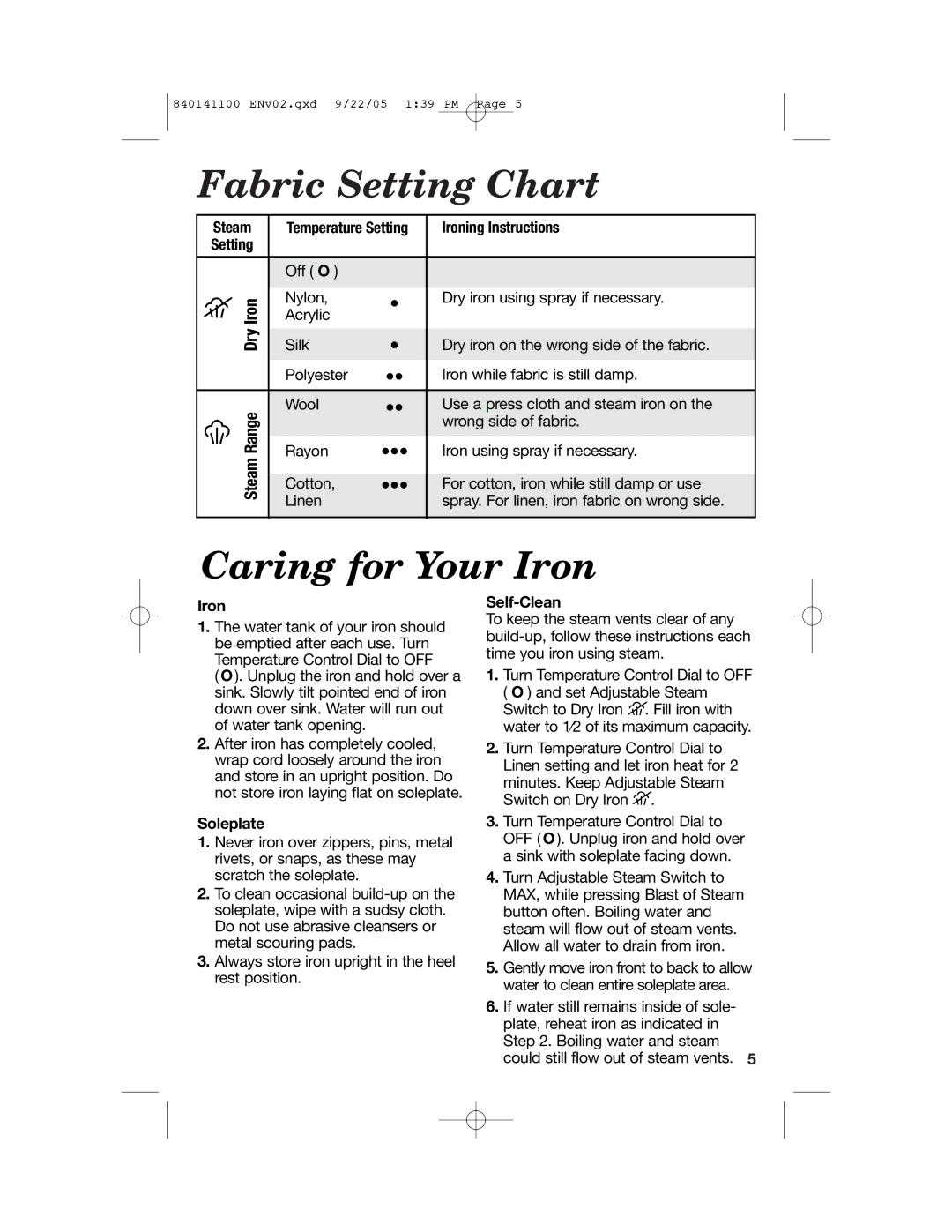 Hamilton Beach 14200 manual Fabric Setting Chart, Caring for Your Iron, Steam Range Dry Iron 