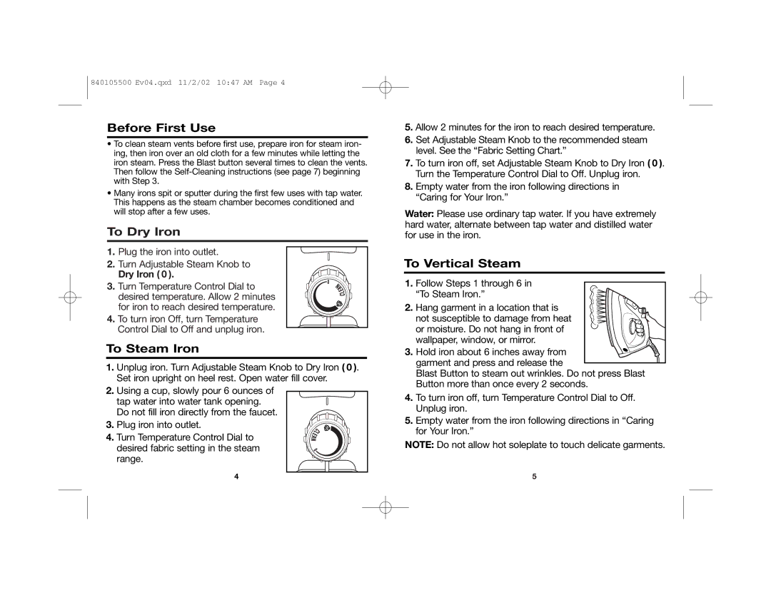 Hamilton Beach 14515R manual Before First Use, To Dry Iron, To Steam Iron, To Vertical Steam 