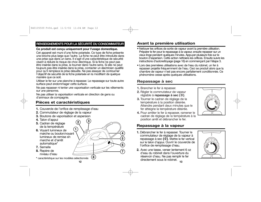 Hamilton Beach 14515R Pièces et caractéristiques, Avant la première utilisation, Repassage à sec, Repassage à la vapeur 