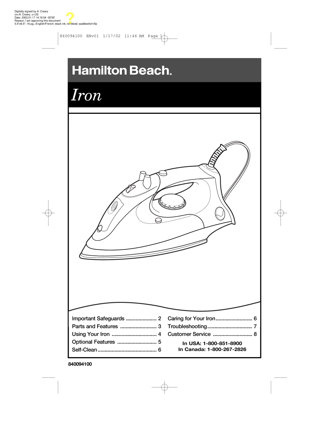 Hamilton Beach 14700 manual Iron 