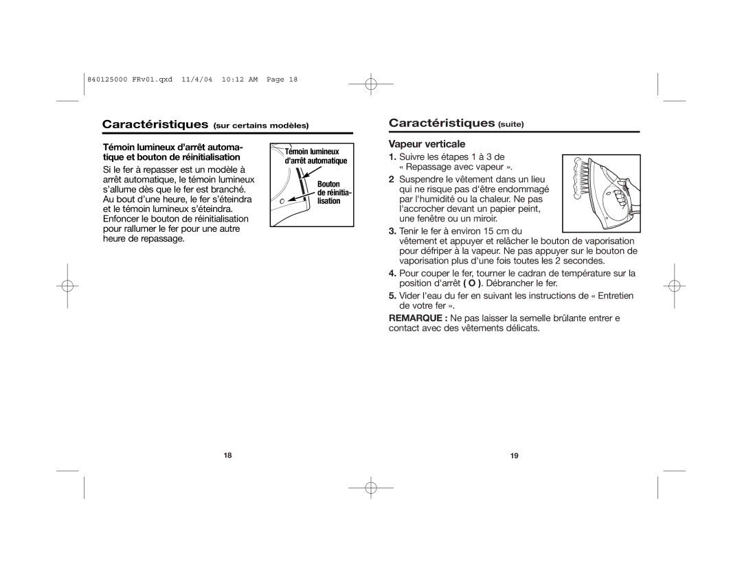 Hamilton Beach 14885C manual Caractéristiques suite, Vapeur verticale, Bouton 