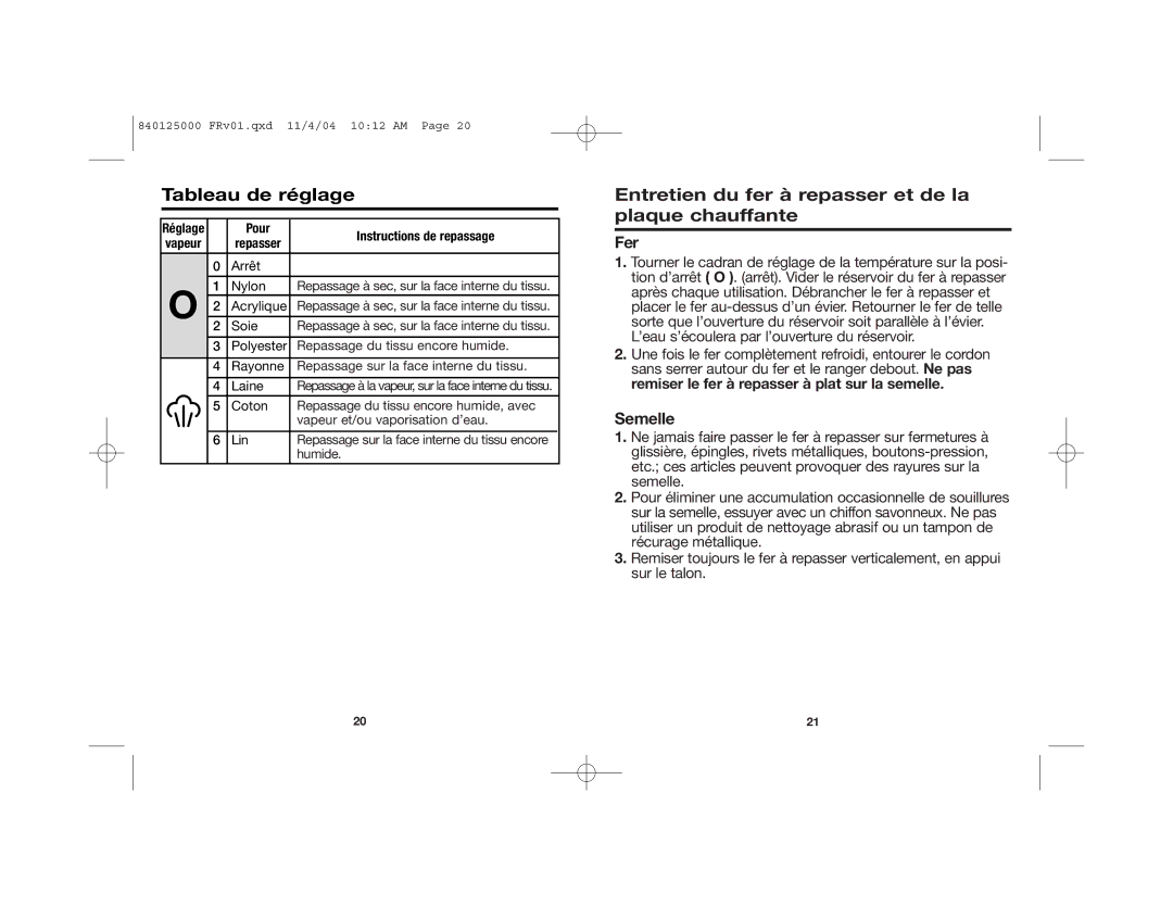 Hamilton Beach 14885C manual Tableau de réglage, Entretien du fer à repasser et de la plaque chauffante, Fer, Semelle 