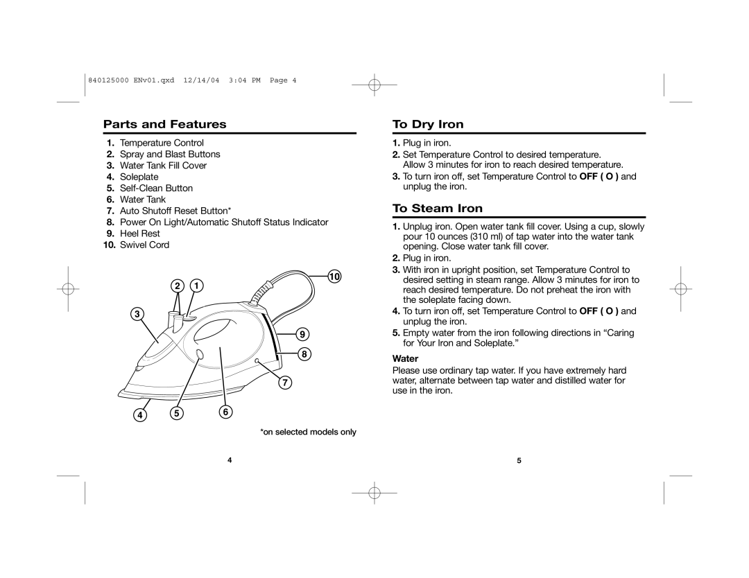 Hamilton Beach 14885C manual Parts and Features, To Dry Iron, To Steam Iron, Water 