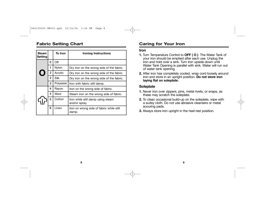 Hamilton Beach 14885C Fabric Setting Chart, Caring for Your Iron, Soleplate, Steam To Iron Ironing Instructions Setting 