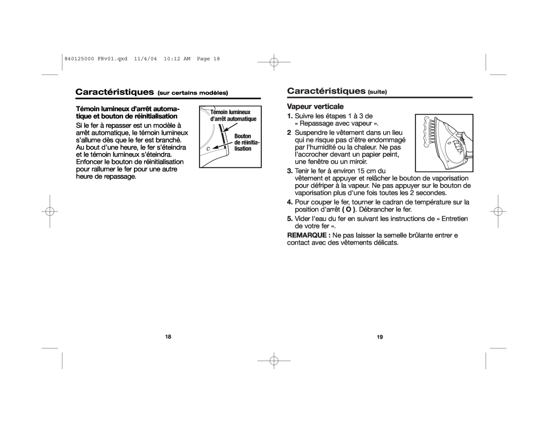 Hamilton Beach 14885C manual Caractéristiques suite, Vapeur verticale, Caractéristiques sur certains modèles 