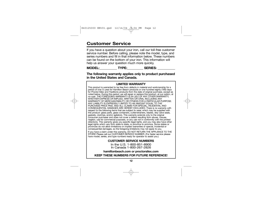 Hamilton Beach 14885C manual In the U.S In Canada, Model Type Series, Customer Service, Limited Warranty 