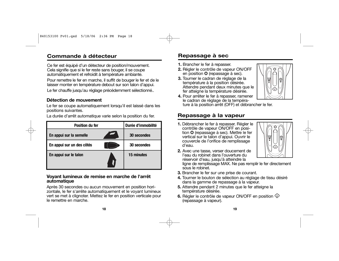 Hamilton Beach 14975 manual Commande à détecteur, Repassage à sec, Repassage à la vapeur, Détection de mouvement 