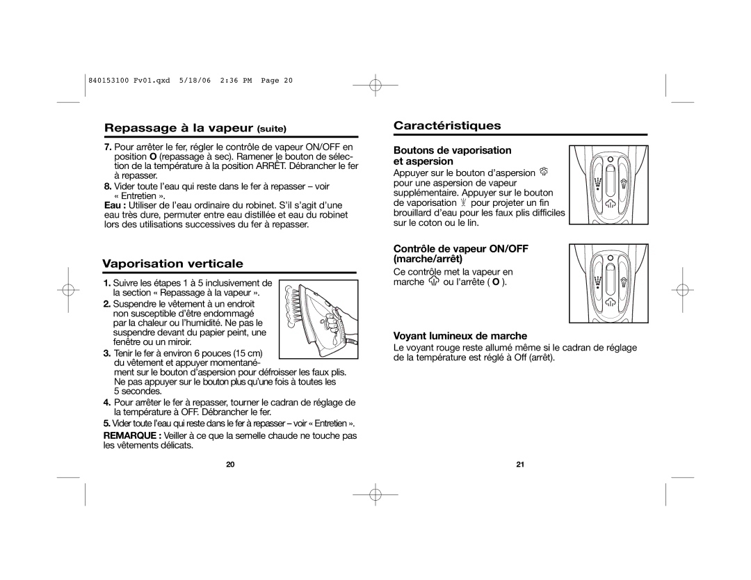 Hamilton Beach 14975 manual Repassage à la vapeur suite, Vaporisation verticale, Caractéristiques 