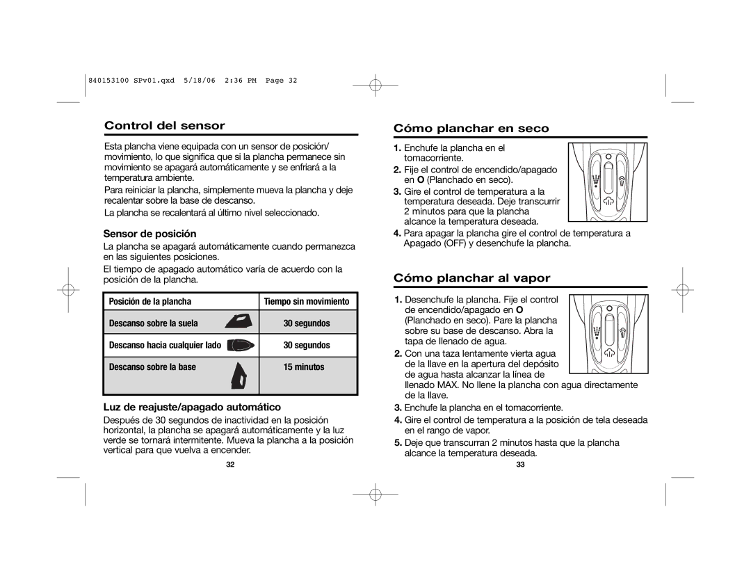 Hamilton Beach 14975 manual Control del sensor, Cómo planchar en seco, Cómo planchar al vapor, Sensor de posición 