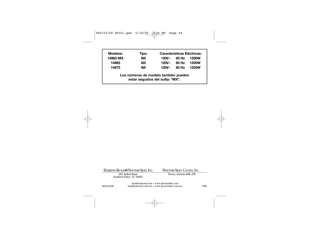 Hamilton Beach 14975 manual Tipo, 120V~ 60 Hz 1200W 