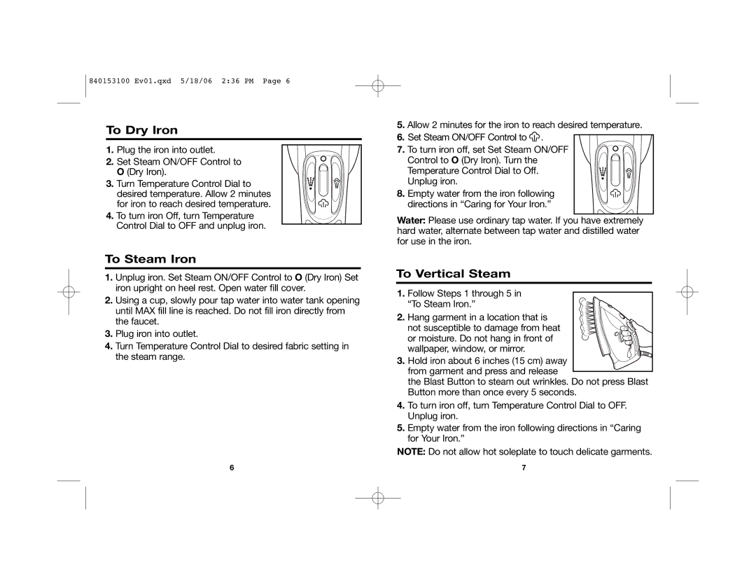 Hamilton Beach 14975 manual To Dry Iron, To Steam Iron, To Vertical Steam 