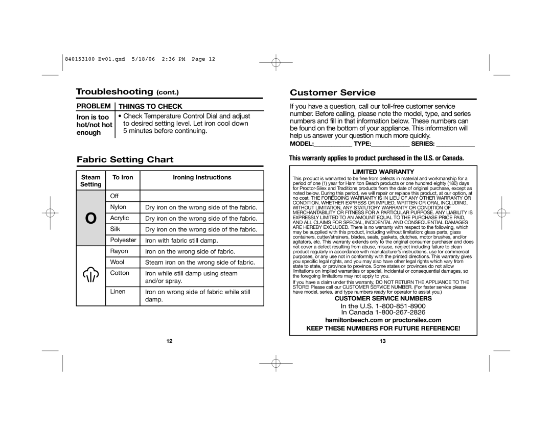 Hamilton Beach 14975 Fabric Setting Chart, Customer Service, Steam To Iron Ironing Instructions Setting, Model Type Series 