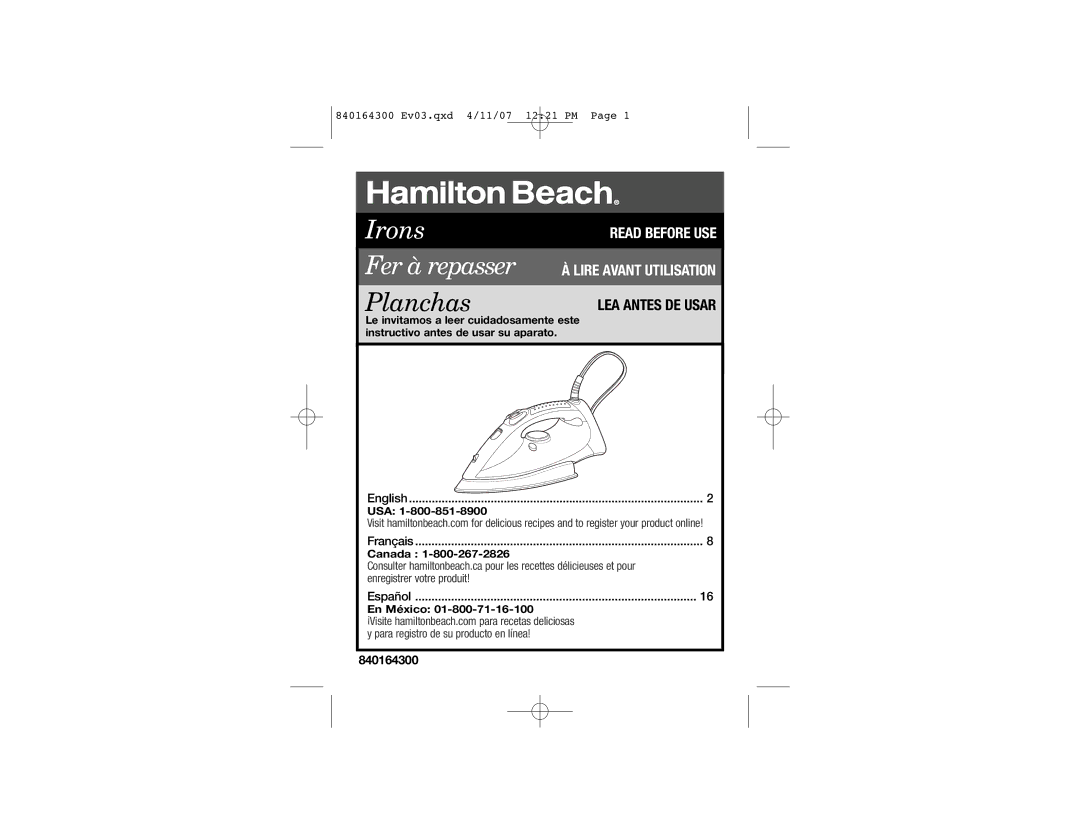 Hamilton Beach 14977C manual Usa, 840164300 