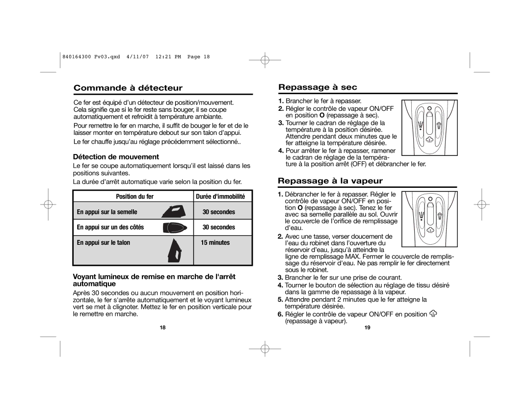 Hamilton Beach 14977C manual Commande à détecteur, Repassage à sec, Repassage à la vapeur, Détection de mouvement 