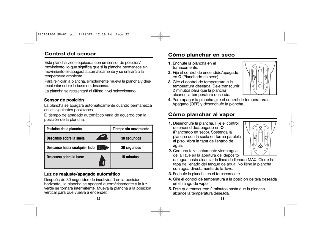Hamilton Beach 14977C manual Control del sensor, Cómo planchar en seco, Cómo planchar al vapor, Sensor de posición 