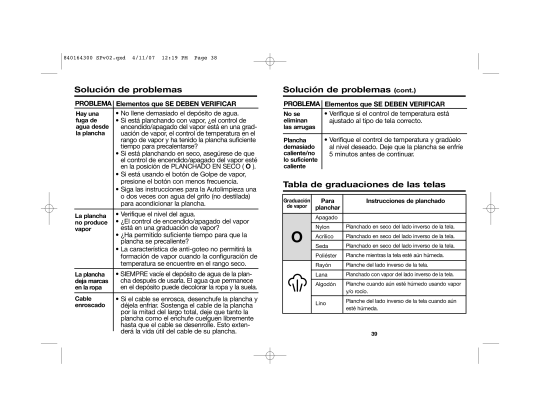 Hamilton Beach 14977C manual Tabla de graduaciones de las telas, Problema, Elementos que SE Deben Verificar 