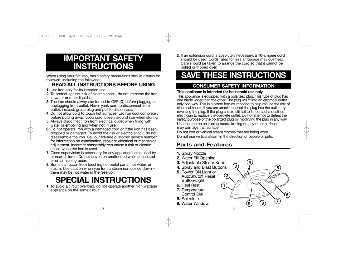 Hamilton Beach 14X60 manual Important Safety Instructions, Parts and Features, Read ALL Instructions Before Using 