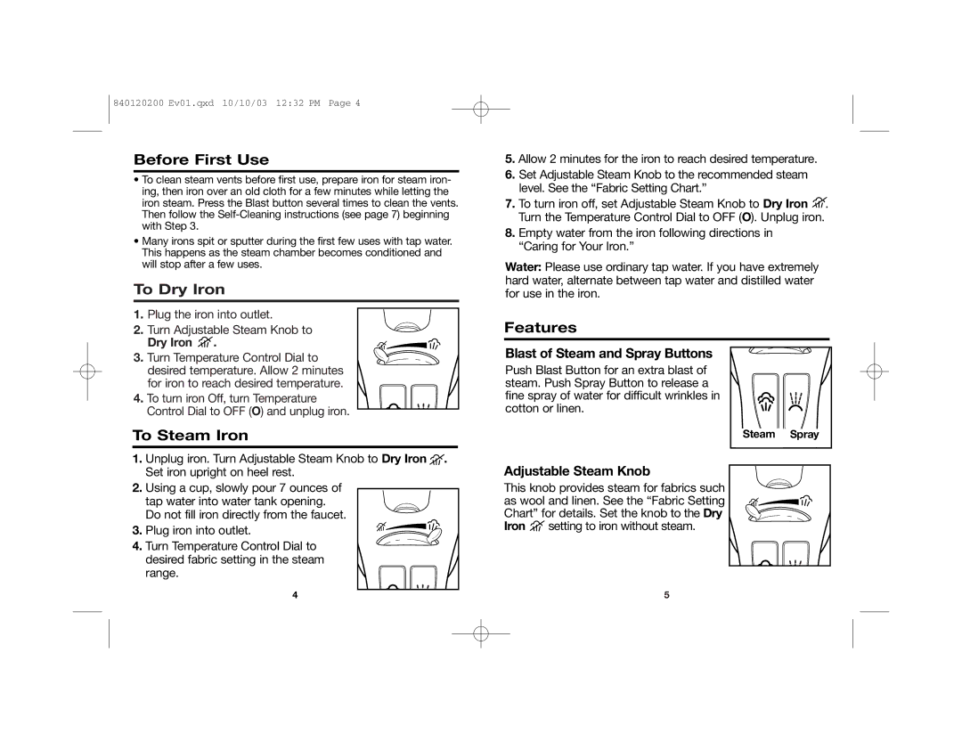 Hamilton Beach 14X60 manual Before First Use, To Dry Iron, To Steam Iron, Features 