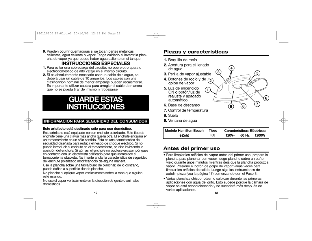 Hamilton Beach 14X60 Guarde Estas Instrucciones, Piezas y características, Antes del primer uso, Instrucciones Especiales 