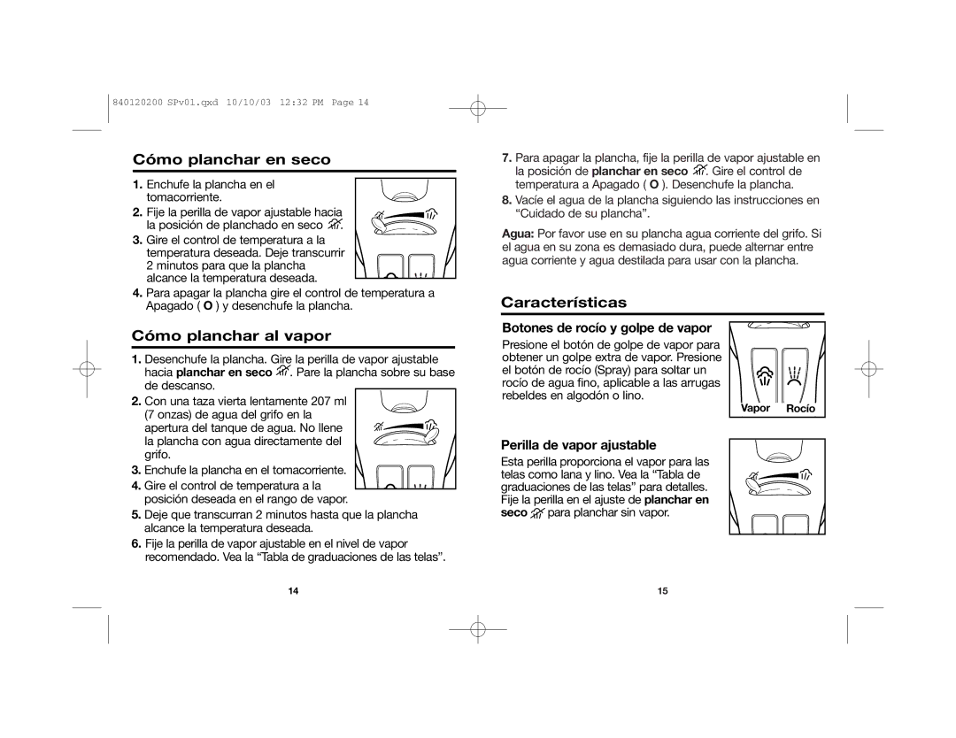 Hamilton Beach 14X60 Cómo planchar en seco, Cómo planchar al vapor, Características, Botones de rocío y golpe de vapor 