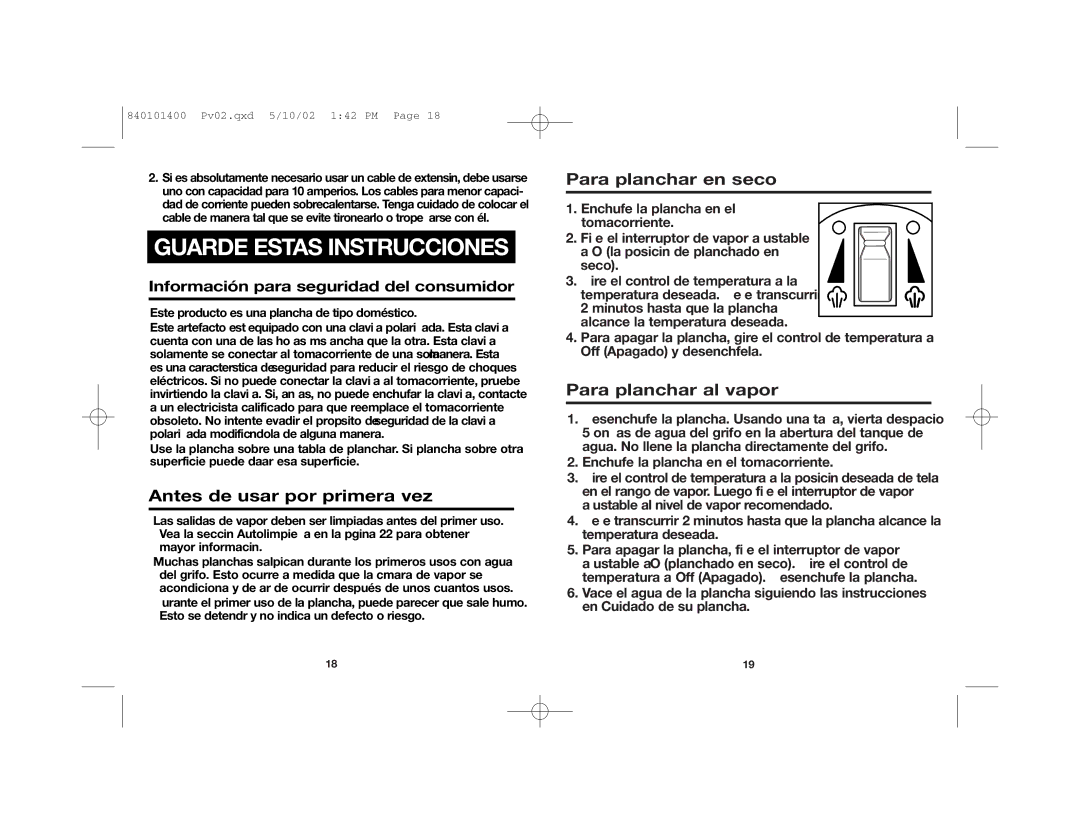 Hamilton Beach 19031 manual Antes de usar por primera vez, Para planchar en seco, Para planchar al vapor 