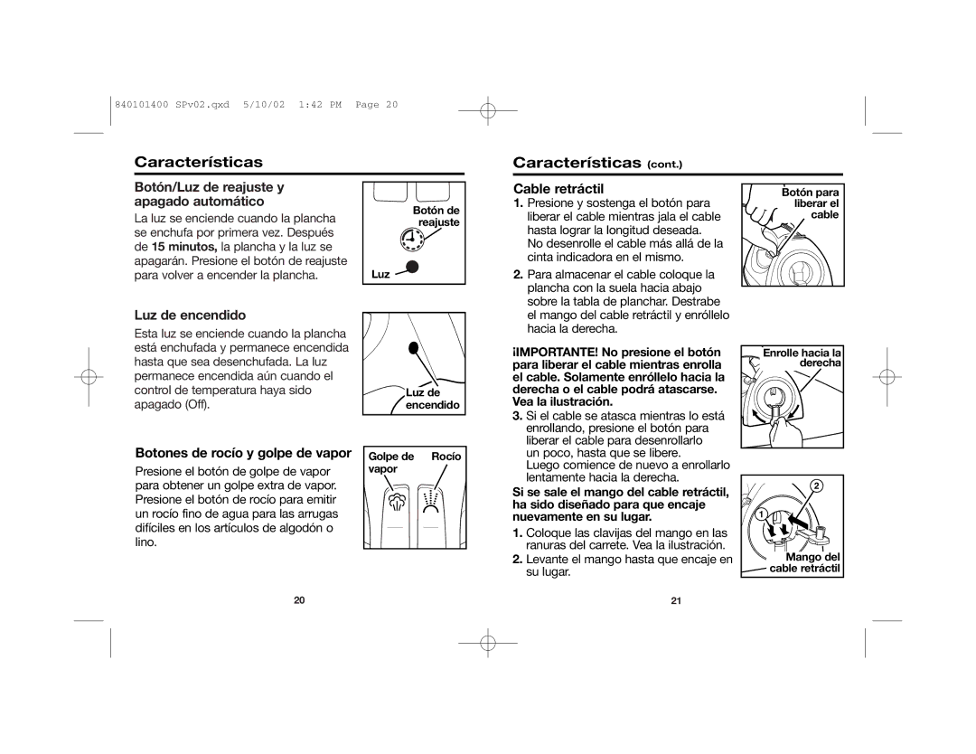 Hamilton Beach 19031 manual Características, Botón/Luz de reajuste y apagado automático, Cable retráctil, Luz de encendido 