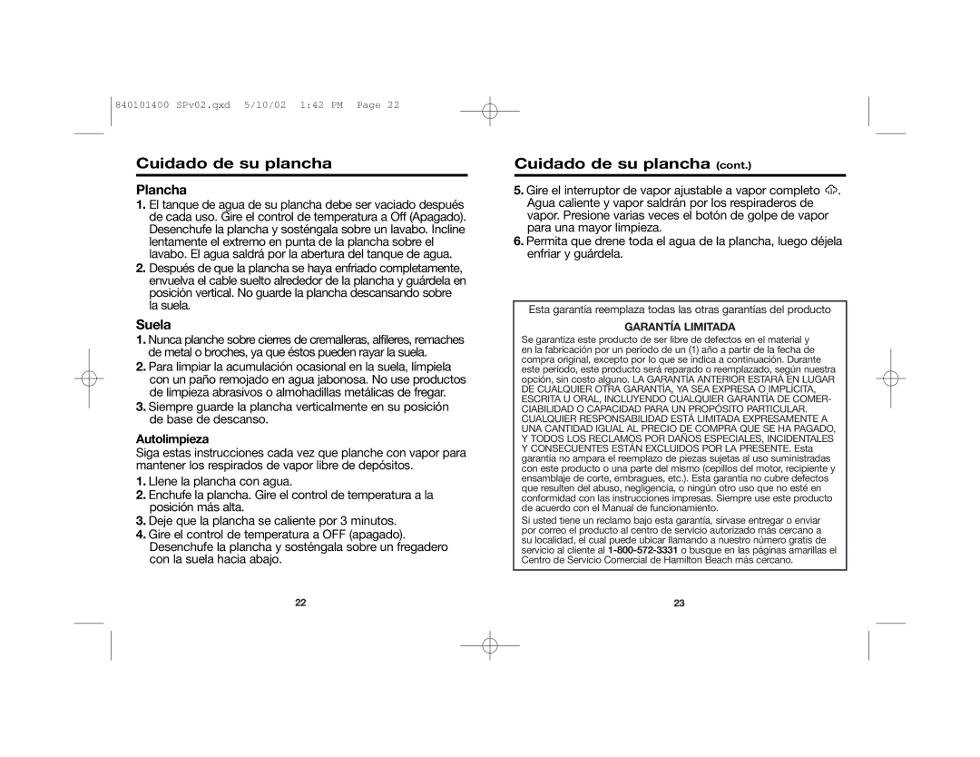 Hamilton Beach 19031 manual Cuidado de su plancha, Plancha, Suela, Autolimpieza 