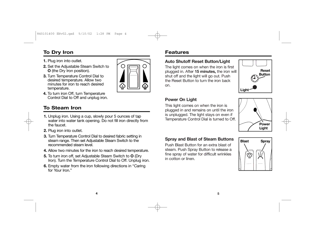 Hamilton Beach 19031 manual To Dry Iron Features, To Steam Iron, Auto Shutoff Reset Button/Light, Power On Light 