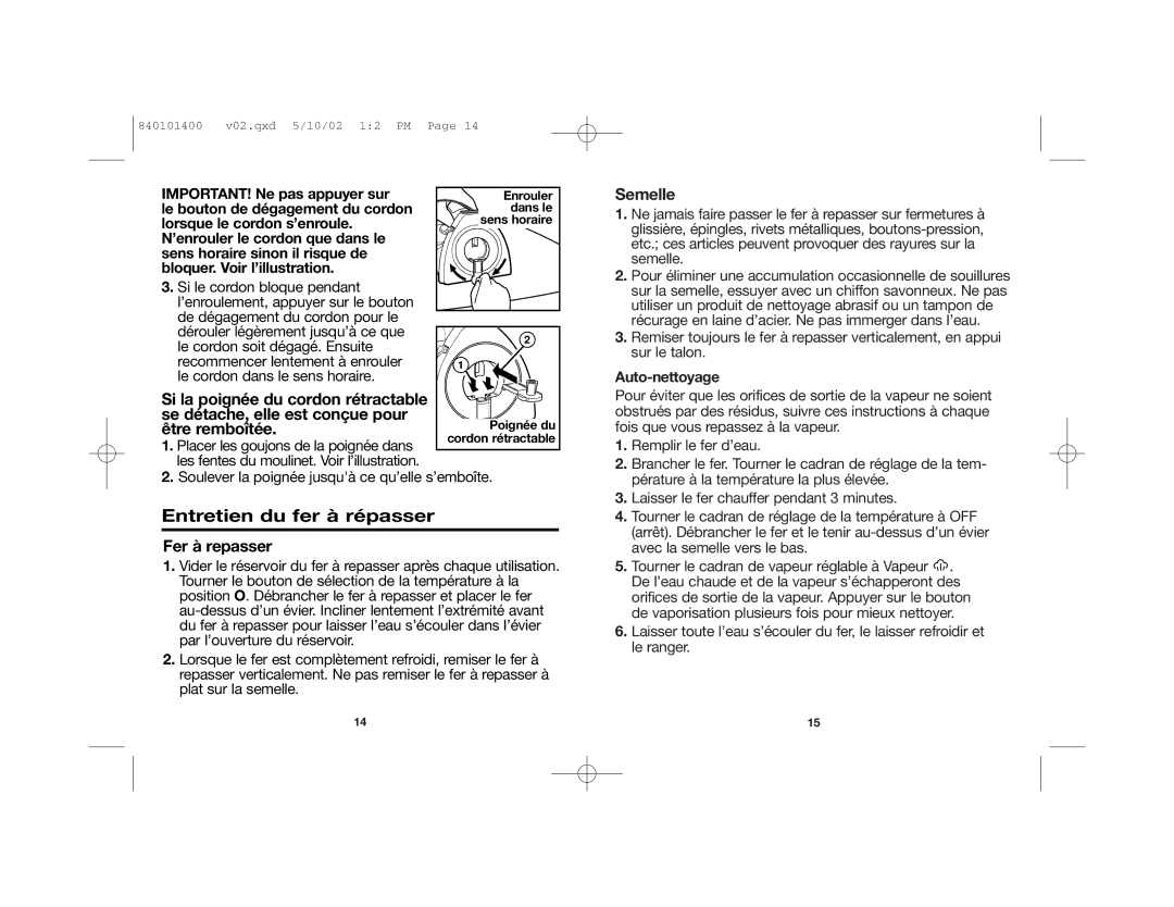 Hamilton Beach 19031 manual Entretien du fer à répasser, Semelle, Fer à repasser 