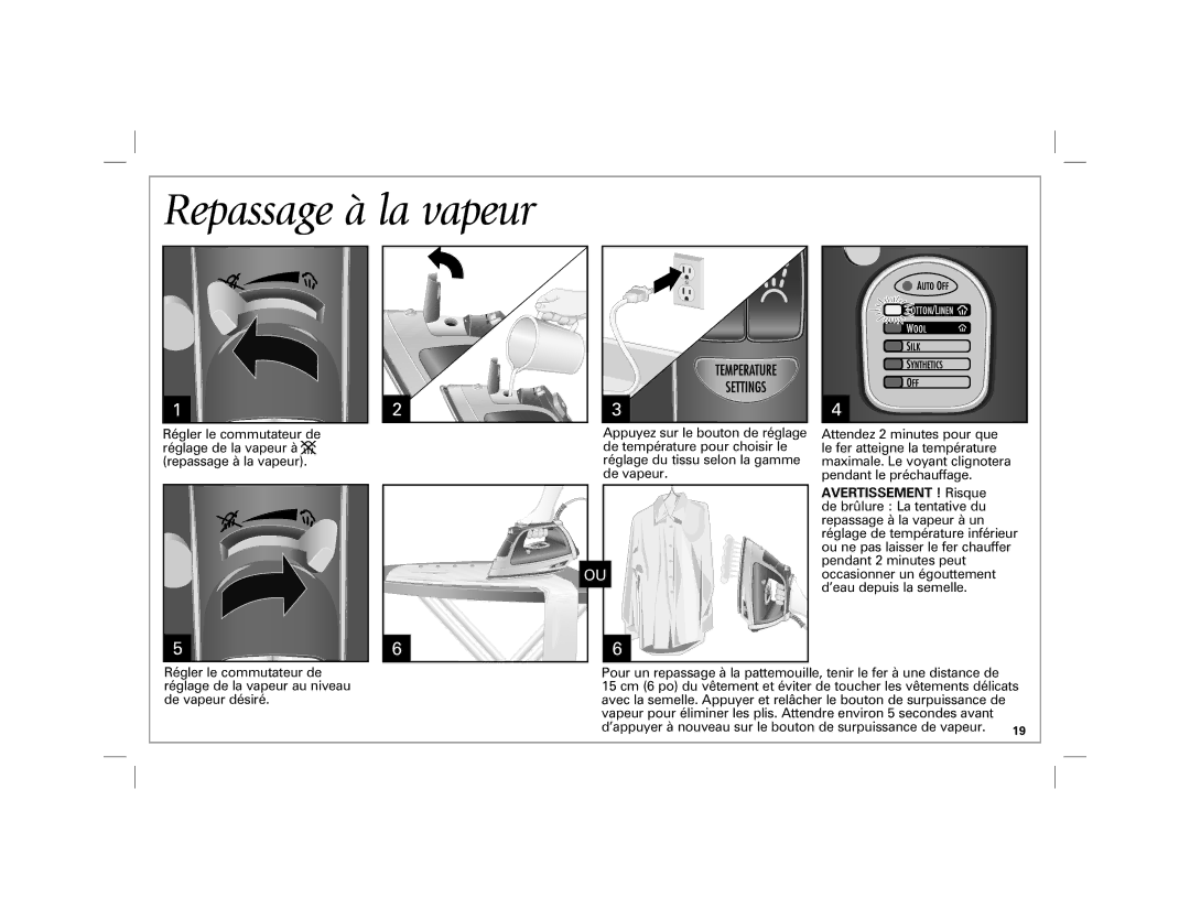 Hamilton Beach 19801 manual Repassage à la vapeur 