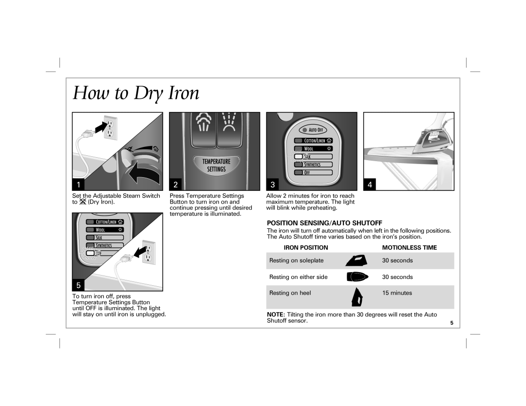 Hamilton Beach 19801 manual How to Dry Iron, Position SENSING/AUTO Shutoff 