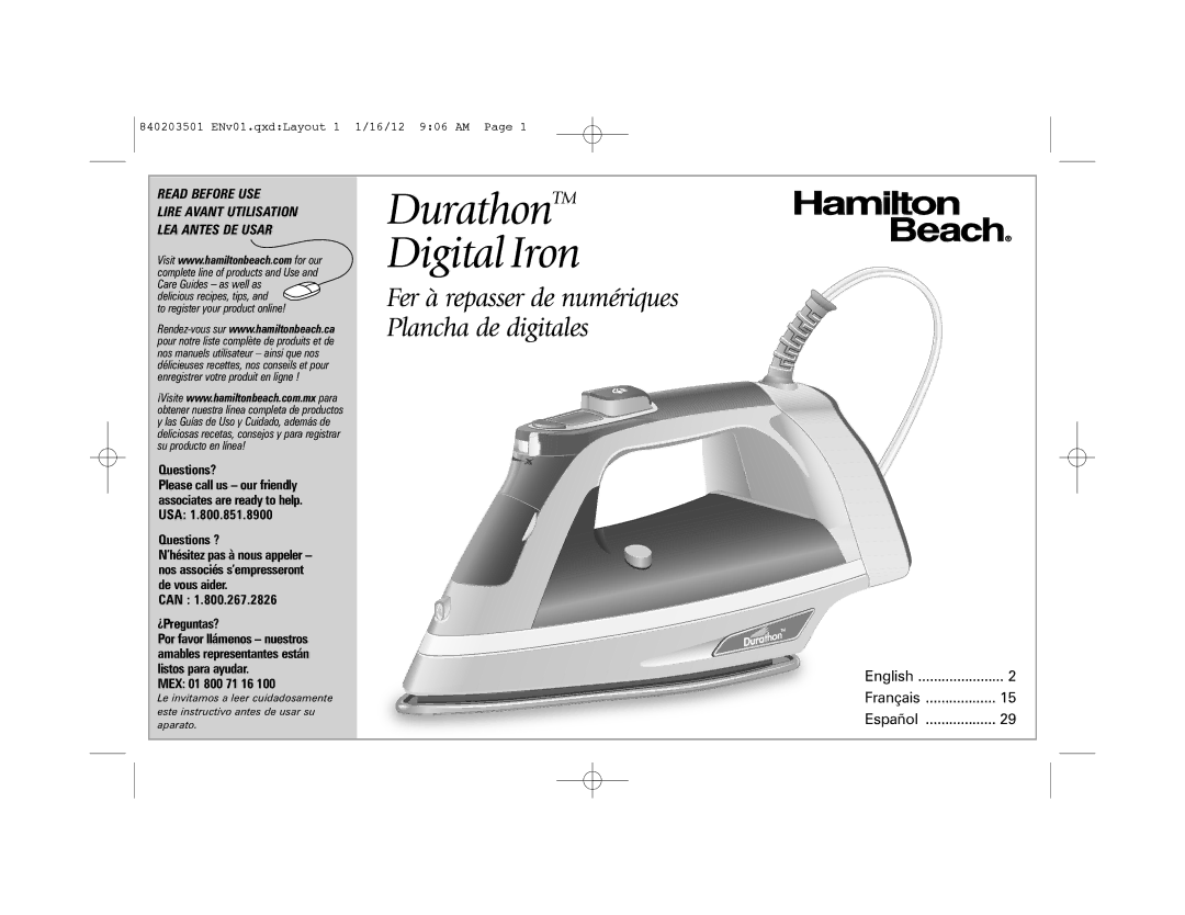 Hamilton Beach 19900 manual DurathonTM Digital Iron, Read Before USE 