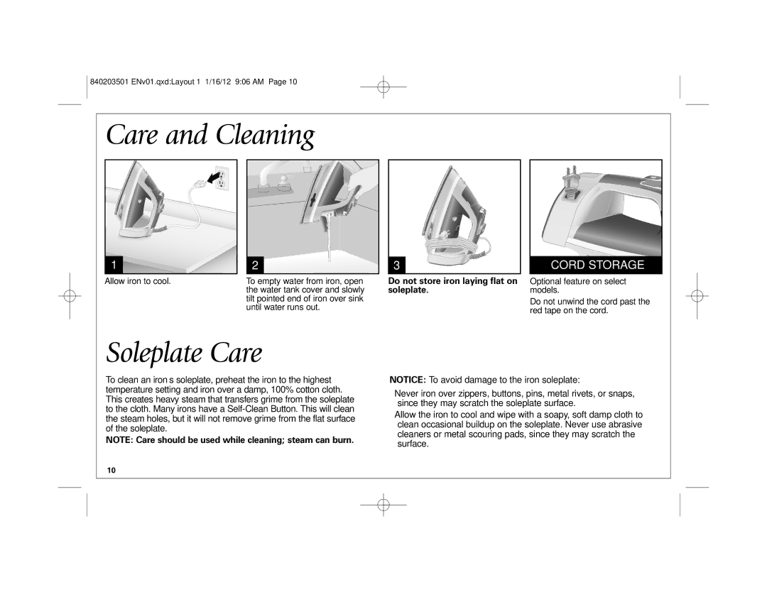 Hamilton Beach 19900 manual Care and Cleaning, Soleplate Care 